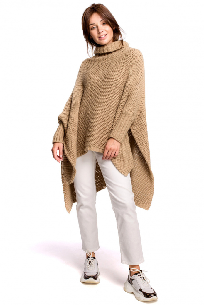 Sweter Damski - Peleryna Z Golfem Oversize - kamelowy